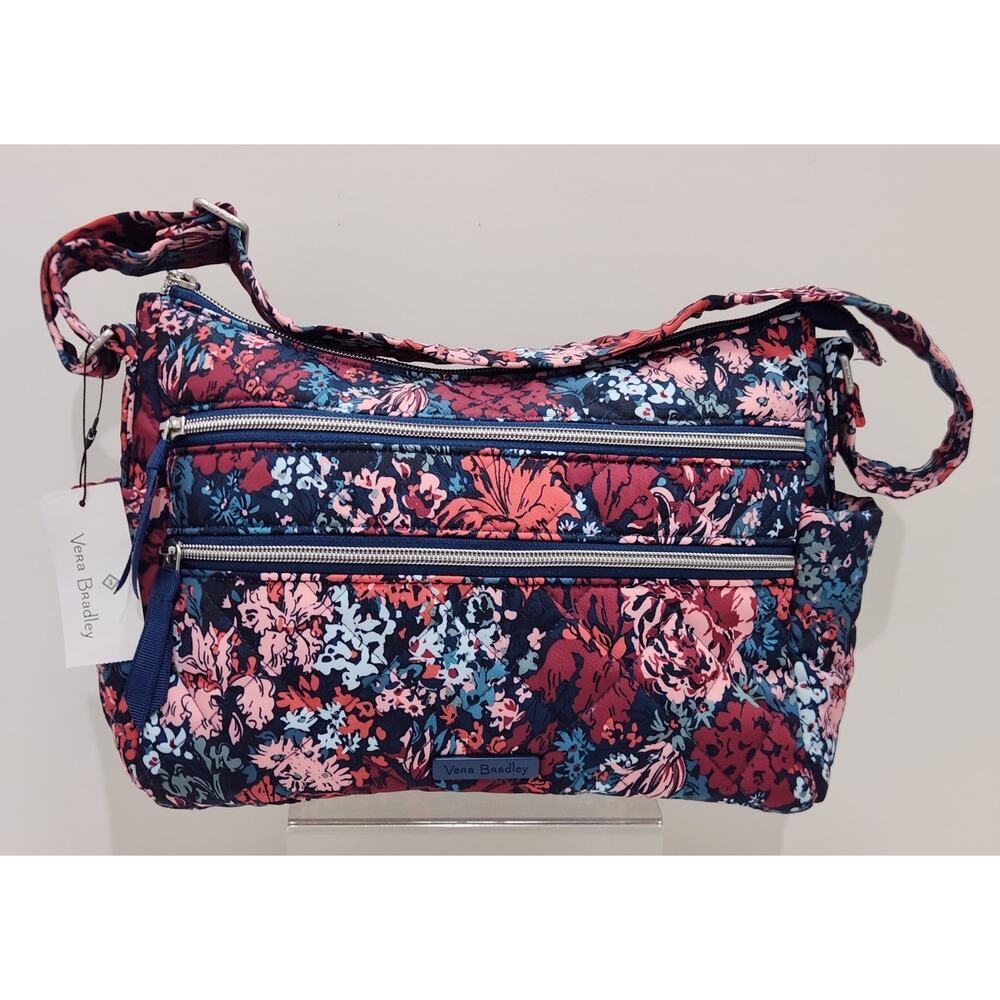 NWT Vera Bradley Performance Twill Cabbage Rose Cabernet Triple Zip Shoulder Bag